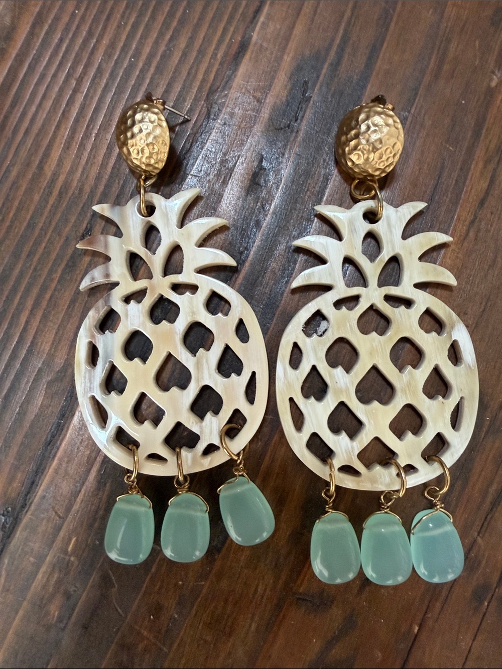 Gold & Ivory Pineapple Drop Earrings with Seafoam Beads